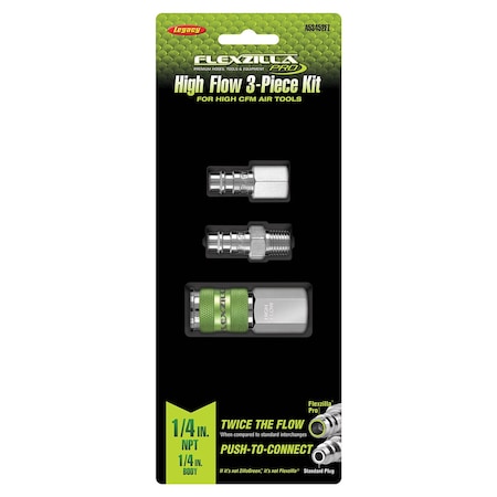 Flexzilla High Flow Coupler and Plug Kit, 3-Piece, 1/4in Body, 1/4in NPT A53452FZ